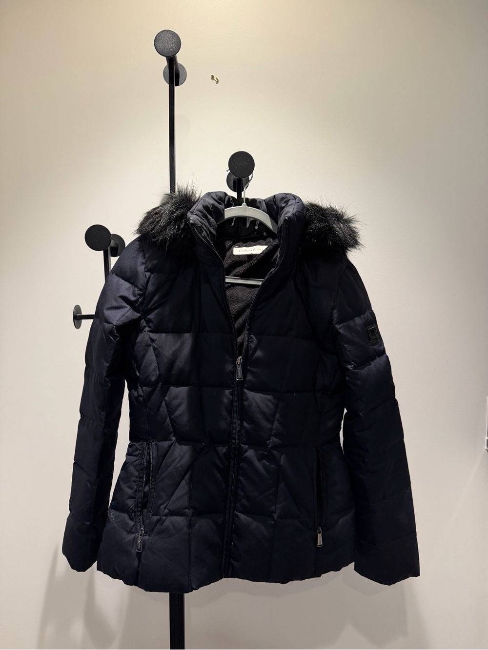 Calvin Klein Black Quilted Puffer Jacket with Faux Fur Hood